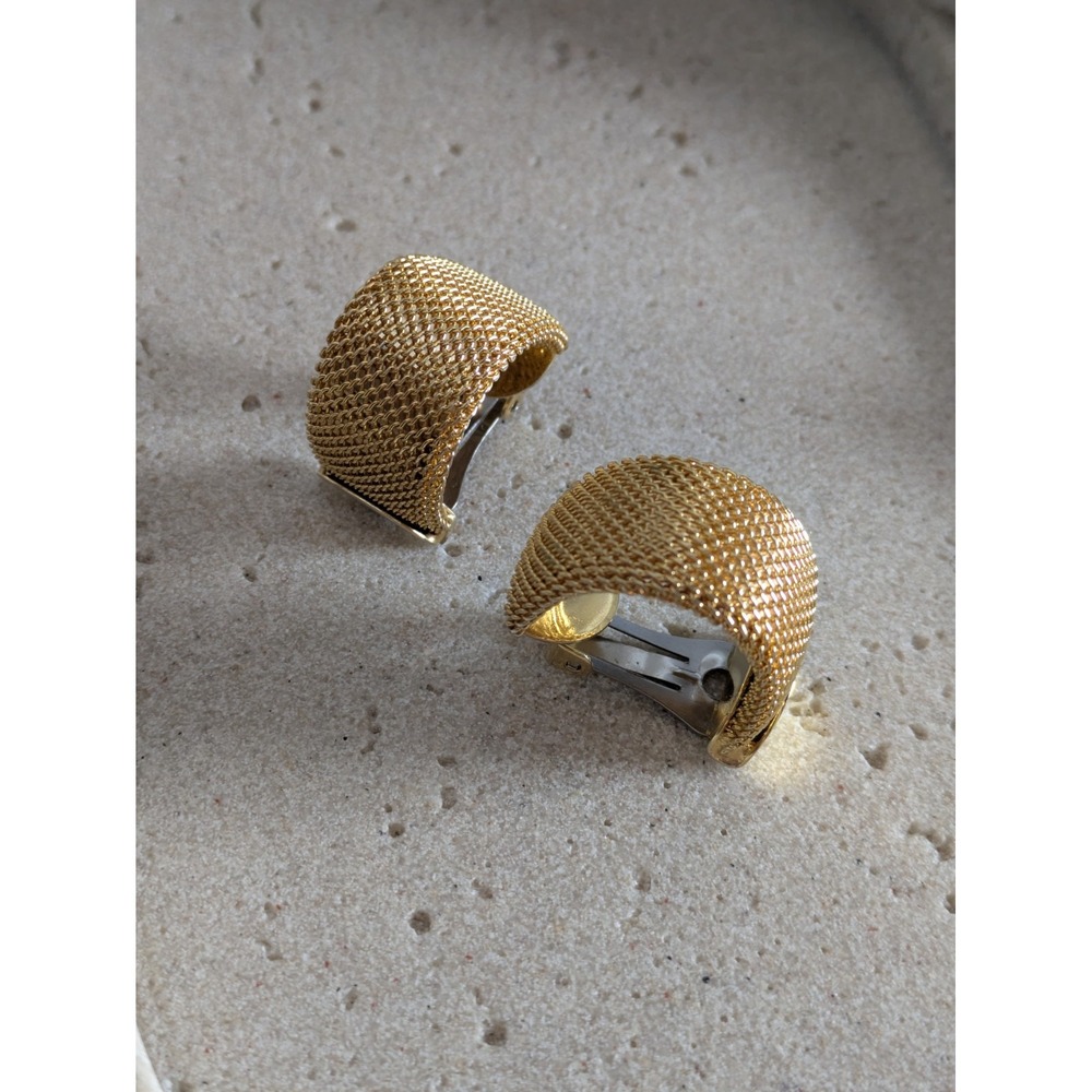 Half Hoop Clip On Earrings In Gold Tone Mesh Chunky Wide 1" Classic Couture Glam